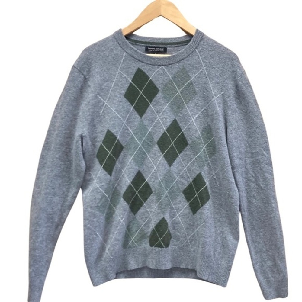Banana Republic Mens Argyle Merino Wool‎ Blend Crewneck Sweater Grey Green Large